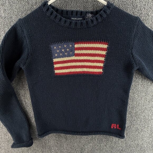 Ralph Lauren Boys Flag Sweater USA Large Cotton Japan Made Navy Blue Crew Neck